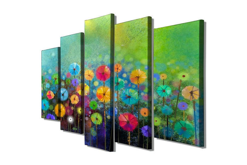 Stort lerretsbilde i 5 deler 105x70 cm - Fargerik blomstereng med parasollformede blomster - Grønn / Rosa / Blå - Innredning - Bilder & kunst - Lerretsbilder