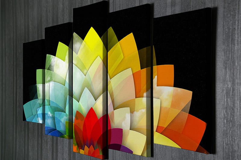 Stort lerretsbilde i 5 deler 105x70 cm - Fargerik blomsterkomposisjon med geometriske former - Grønn / Gul / Rød - Innredning - Bilder & kunst - Lerretsbilder