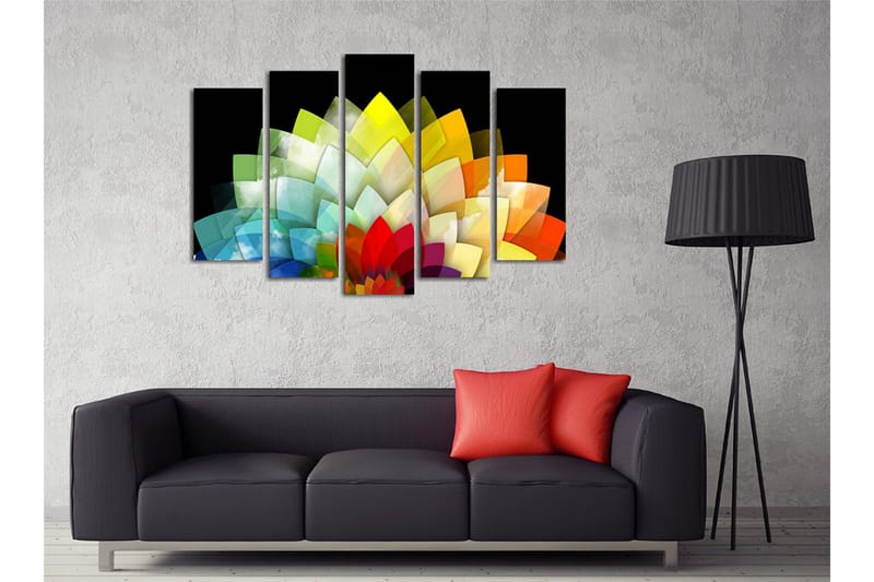 Stort lerretsbilde i 5 deler 105x70 cm - Fargerik blomsterkomposisjon med geometriske former - Grønn / Gul / Rød - Innredning - Bilder & kunst - Lerretsbilder