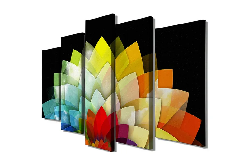 Stort lerretsbilde i 5 deler 105x70 cm - Fargerik blomsterkomposisjon med geometriske former - Grønn / Gul / Rød - Innredning - Bilder & kunst - Lerretsbilder