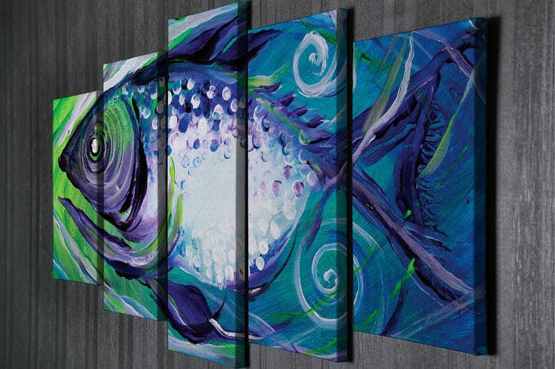 Stort lerretsbilde i 5 deler 105x70 cm - Fargerik fisk med abstrakte former - Blå / Grønn / Lilla - Innredning - Bilder & kunst - Lerretsbilder