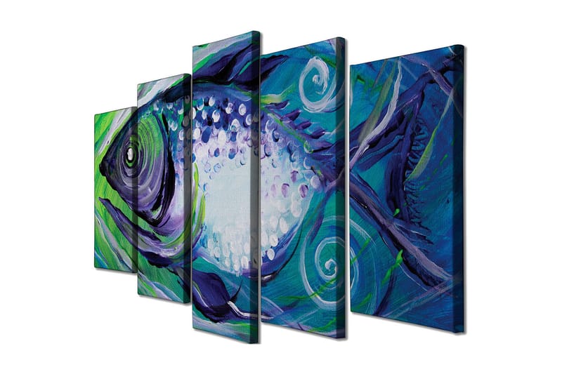Stort lerretsbilde i 5 deler 105x70 cm - Fargerik fisk med abstrakte former - Blå / Grønn / Lilla - Innredning - Bilder & kunst - Lerretsbilder