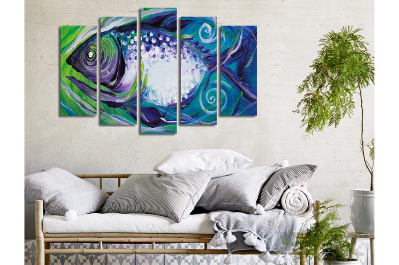 Stort lerretsbilde i 5 deler 105x70 cm - Fargerik fisk med abstrakte former - Blå / Grønn / Lilla - Innredning - Bilder & kunst - Lerretsbilder