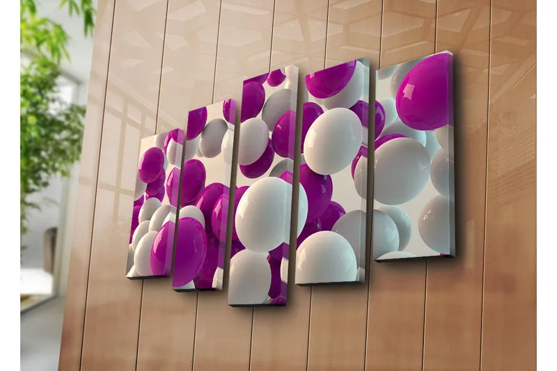 Stort lerretsbilde i 5 deler 105x70 cm - Fargerik komposisjon av kuler i forskjellige størrelser - Lilla / Hvit - Innredning - Bilder & kunst - Lerretsbilder