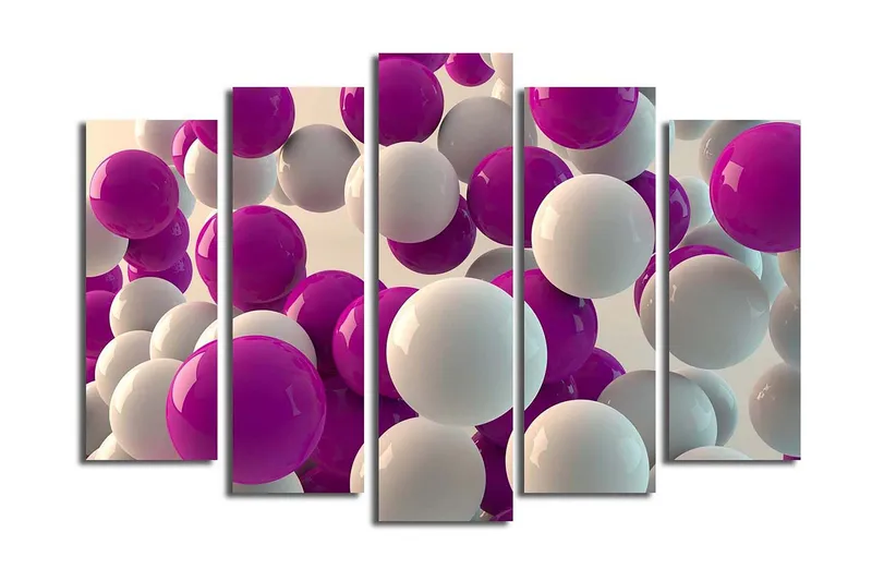 Stort lerretsbilde i 5 deler 105x70 cm - Fargerik komposisjon av kuler i forskjellige størrelser - Lilla / Hvit - Innredning - Bilder & kunst - Lerretsbilder