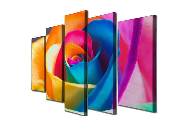 Stort lerretsbilde i 5 deler 105x70 cm - Fargerik rose med intense nyanser - Oransje / Blå / Rosa - Innredning - Bilder & kunst - Lerretsbilder