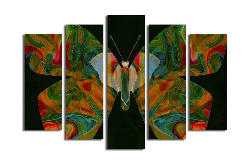 Stort lerretsbilde i 5 deler 105x70 cm - Fargerik sommerfugl med abstrakte mønstre - Grønn / Rød / Oransje - Innredning - Bilder & kunst - Lerretsbilder