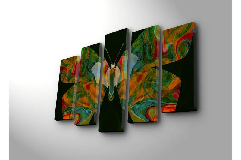 Stort lerretsbilde i 5 deler 105x70 cm - Fargerik sommerfugl med abstrakte mønstre - Grønn / Rød / Oransje - Innredning - Bilder & kunst - Lerretsbilder