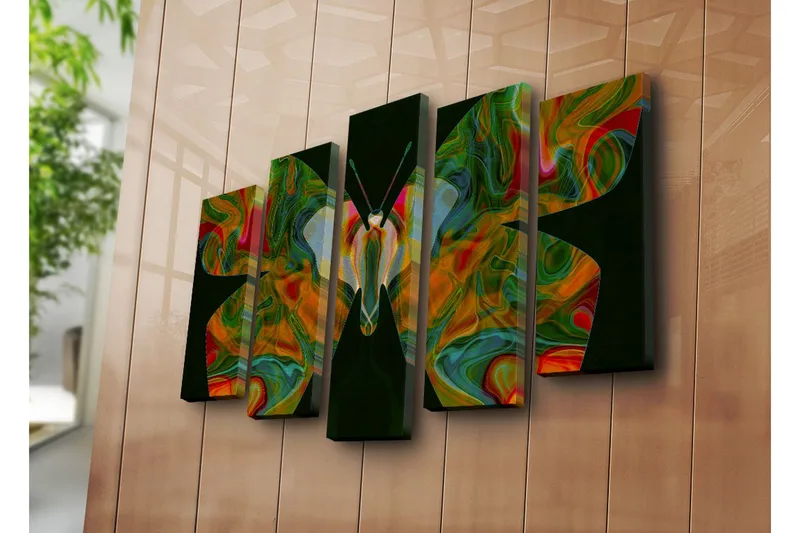 Stort lerretsbilde i 5 deler 105x70 cm - Fargerik sommerfugl med abstrakte mønstre - Grønn / Rød / Oransje - Innredning - Bilder & kunst - Lerretsbilder