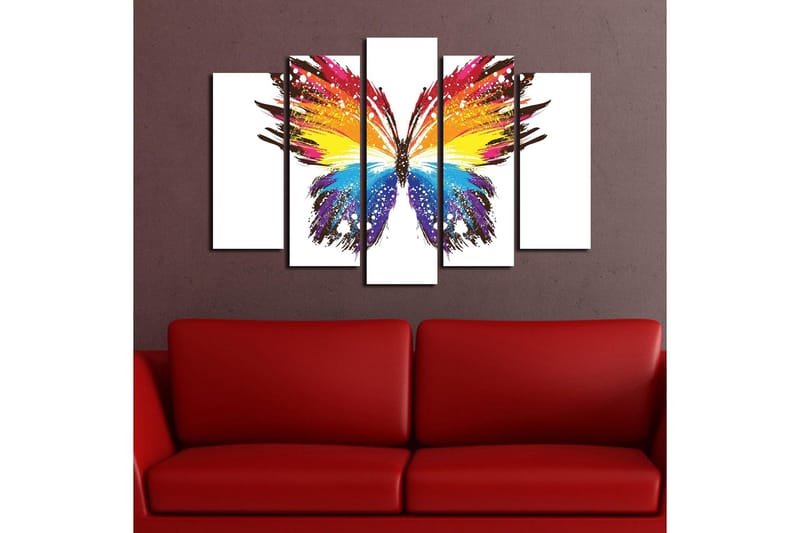 Stort lerretsbilde i 5 deler 105x70 cm - Fargerik sommerfugl med abstrakte penselstrøk - Gul / Blå / Rød - Innredning - Bilder & kunst - Lerretsbilder