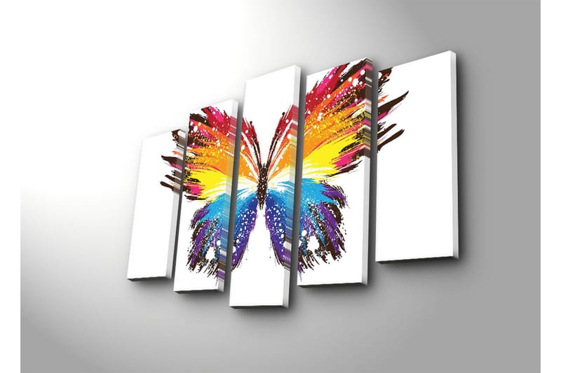 Stort lerretsbilde i 5 deler 105x70 cm - Fargerik sommerfugl med abstrakte penselstrøk - Gul / Blå / Rød - Innredning - Bilder & kunst - Lerretsbilder