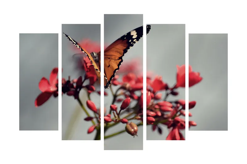 Stort lerretsbilde i 5 deler 105x70 cm - Fargerik sommerfugl på blomster - Oransje / Rød / Grønn - Innredning - Bilder & kunst - Lerretsbilder
