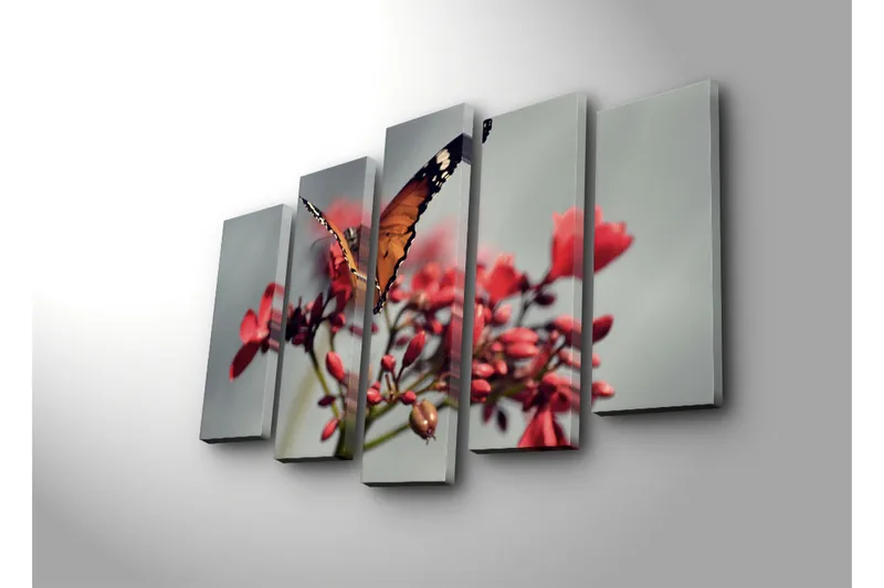 Stort lerretsbilde i 5 deler 105x70 cm - Fargerik sommerfugl på blomster - Oransje / Rød / Grønn - Innredning - Bilder & kunst - Lerretsbilder
