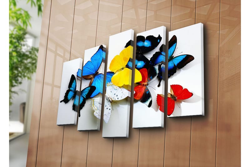Stort lerretsbilde i 5 deler 105x70 cm - Fargerike sommerfugler i en livlig komposisjon - Blå / Gul / Rød - Innredning - Bilder & kunst - Lerretsbilder