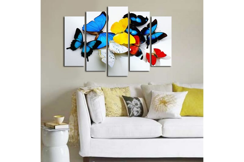 Stort lerretsbilde i 5 deler 105x70 cm - Fargerike sommerfugler i en livlig komposisjon - Blå / Gul / Rød - Innredning - Bilder & kunst - Lerretsbilder