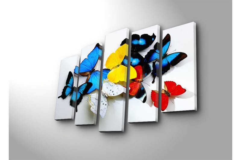 Stort lerretsbilde i 5 deler 105x70 cm - Fargerike sommerfugler i en livlig komposisjon - Blå / Gul / Rød - Innredning - Bilder & kunst - Lerretsbilder