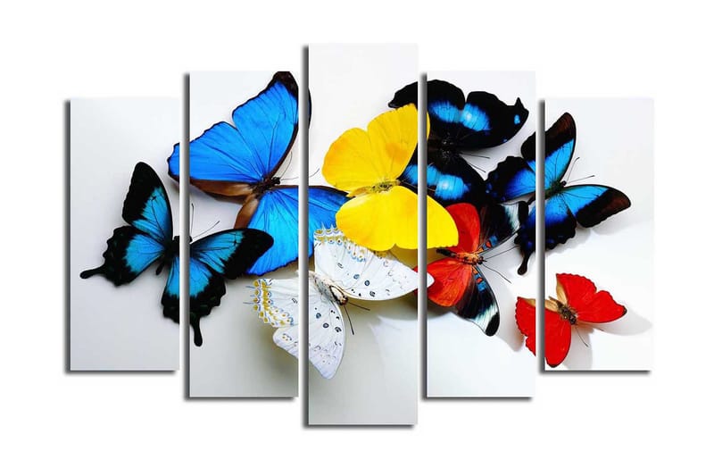 Stort lerretsbilde i 5 deler 105x70 cm - Fargerike sommerfugler i en livlig komposisjon - Blå / Gul / Rød - Innredning - Bilder & kunst - Lerretsbilder