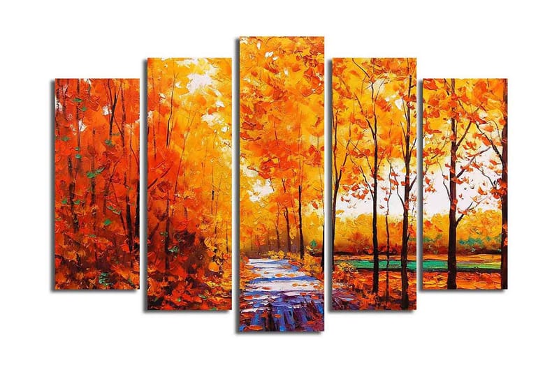Stort lerretsbilde i 5 deler 105x70 cm - Frodig skog med høstfarger og en sti - Oransje / Gul / Grønn - Innredning - Bilder & kunst - Lerretsbilder