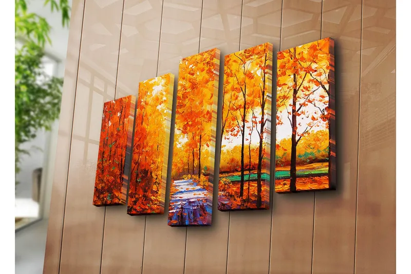 Stort lerretsbilde i 5 deler 105x70 cm - Frodig skog med høstfarger og en sti - Oransje / Gul / Grønn - Innredning - Bilder & kunst - Lerretsbilder