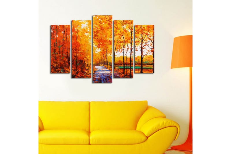 Stort lerretsbilde i 5 deler 105x70 cm - Frodig skog med høstfarger og en sti - Oransje / Gul / Grønn - Innredning - Bilder & kunst - Lerretsbilder