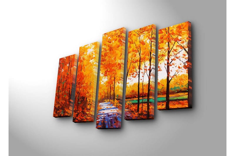 Stort lerretsbilde i 5 deler 105x70 cm - Frodig skog med høstfarger og en sti - Oransje / Gul / Grønn - Innredning - Bilder & kunst - Lerretsbilder