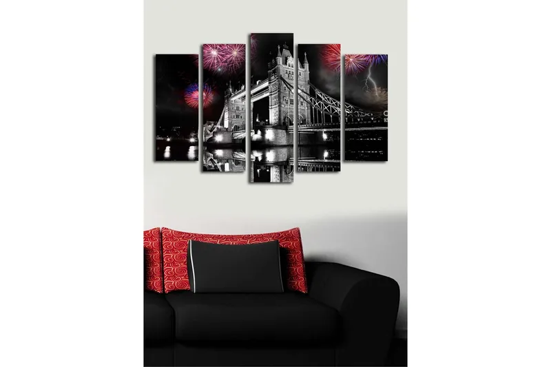 Stort lerretsbilde i 5 deler 105x70 cm - Fyrverkeri over Tower Bridge i London - Svart / Rød / Blå - Innredning - Bilder & kunst - Lerretsbilder