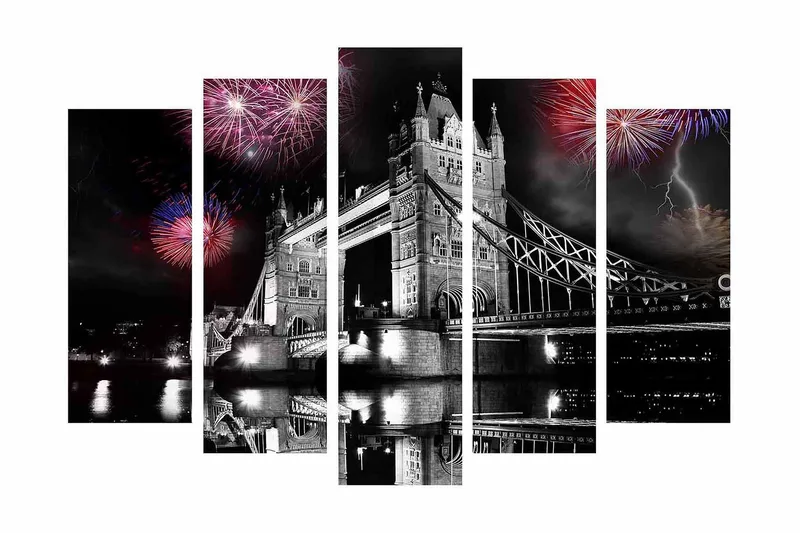 Stort lerretsbilde i 5 deler 105x70 cm - Fyrverkeri over Tower Bridge i London - Svart / Rød / Blå - Innredning - Bilder & kunst - Lerretsbilder