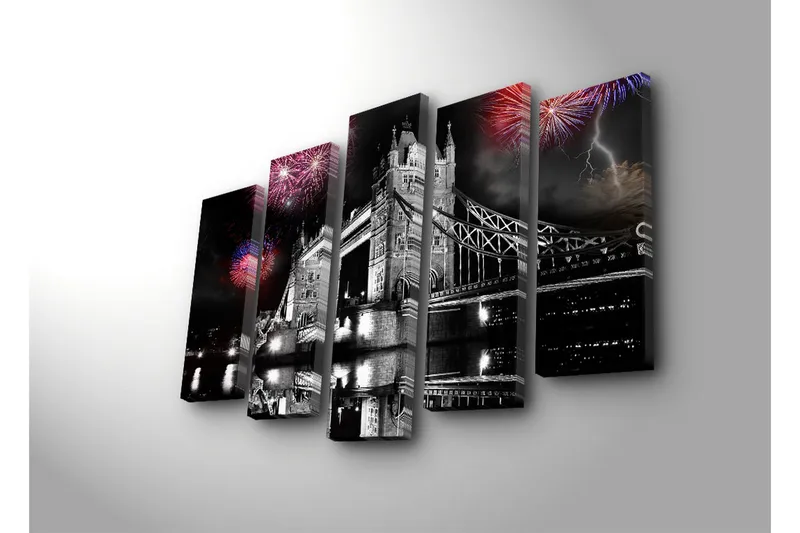 Stort lerretsbilde i 5 deler 105x70 cm - Fyrverkeri over Tower Bridge i London - Svart / Rød / Blå - Innredning - Bilder & kunst - Lerretsbilder