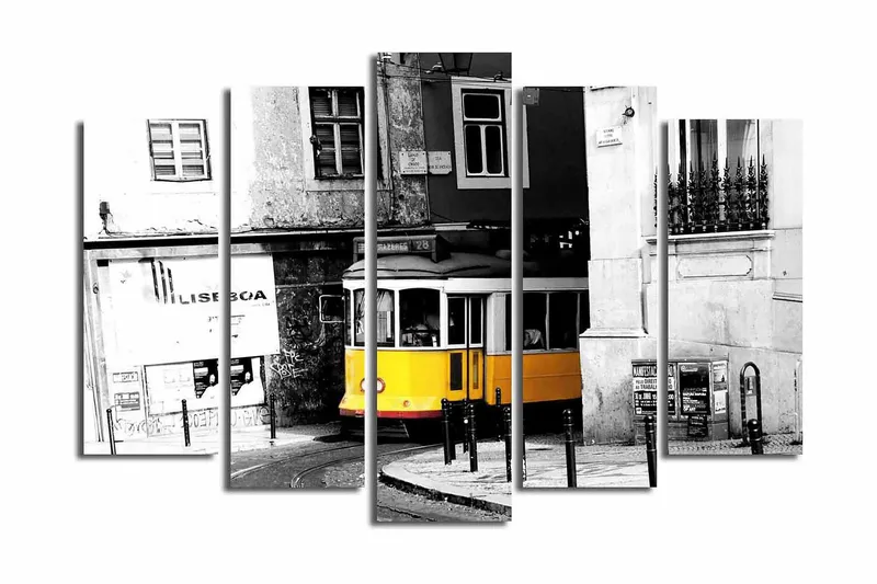 Stort lerretsbilde i 5 deler 105x70 cm - Gul trikk som svinger rundt et hjørne i et urbant miljø - Gul / Svart / Grå - Innredning - Bilder & kunst - Lerretsbilder