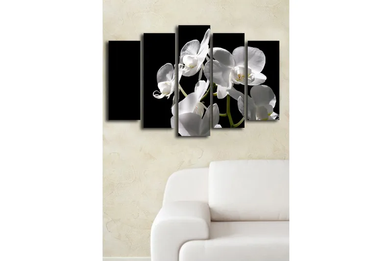 Stort lerretsbilde i 5 deler 105x70 cm - Hvit orkidé med elegante blomster - Hvit / Grønn - Innredning - Bilder & kunst - Lerretsbilder