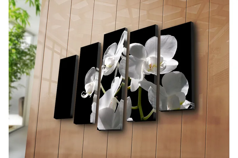 Stort lerretsbilde i 5 deler 105x70 cm - Hvit orkidé med elegante blomster - Hvit / Grønn - Innredning - Bilder & kunst - Lerretsbilder