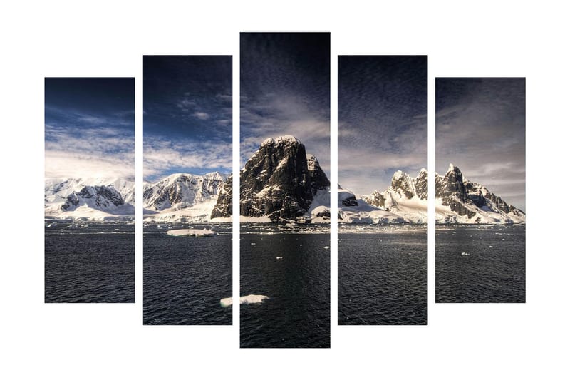 Stort lerretsbilde i 5 deler 105x70 cm - Imponerende fjellandskap med snødekte topper og speilblanke vannflater - Hvit / Mørk blå / Grå - Innredning - Bilder & kunst - Lerretsbilder