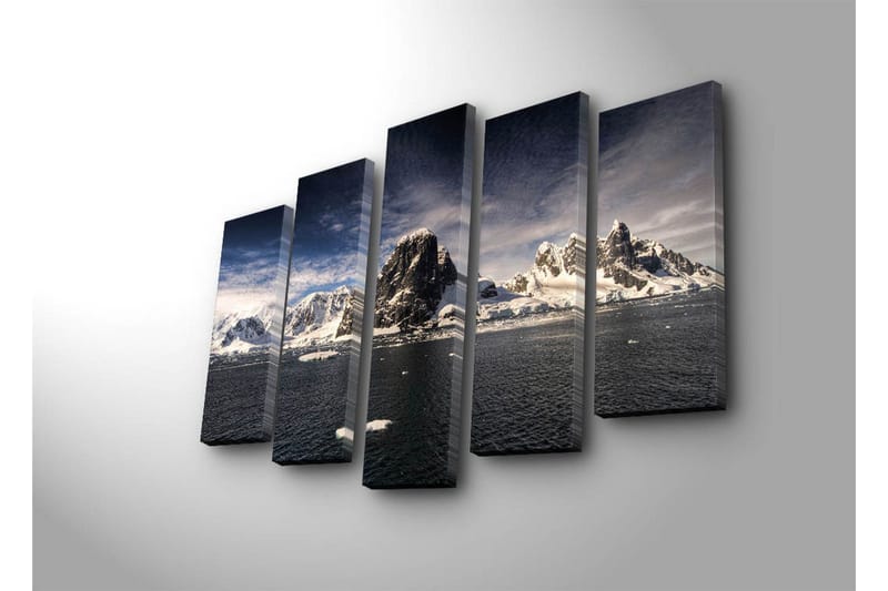 Stort lerretsbilde i 5 deler 105x70 cm - Imponerende fjellandskap med snødekte topper og speilblanke vannflater - Hvit / Mørk blå / Grå - Innredning - Bilder & kunst - Lerretsbilder