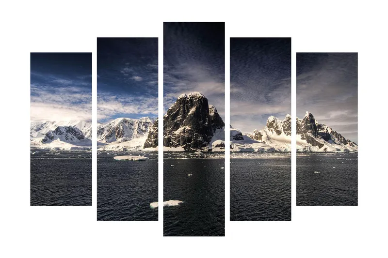 Stort lerretsbilde i 5 deler 105x70 cm - Imponerende fjellandskap med snødekte topper og speilblanke vannflater - Hvit / Mørk blå / Grå - Innredning - Bilder & kunst - Lerretsbilder