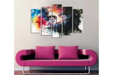 Stort lerretsbilde i 5 deler 105x70 cm - Intens portrett med dramatiske farger og uttrykksfulle trekk - Svart / Rød / Blå - Innredning - Bilder & kunst - Lerretsbilder