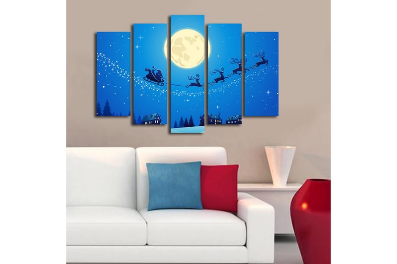 Stort lerretsbilde i 5 deler 105x70 cm - Julekveld med julenissen som flyr over en by i en slede med reinsdyr - Mørk blå / Lys blå / Hvit - Innredning - Bilder & kunst - Lerretsbilder