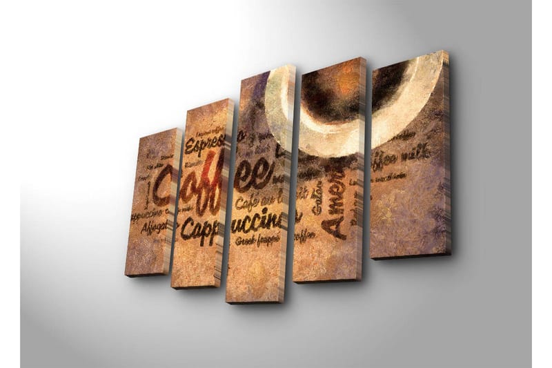Stort lerretsbilde i 5 deler 105x70 cm - Kaffeinspirert kunstverk med tekst og kaffekopper - Brun / Beige / Svart - Innredning - Bilder & kunst - Lerretsbilder