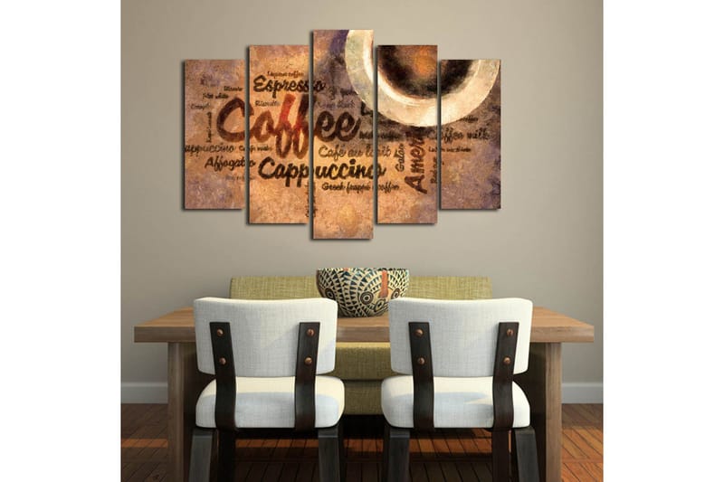 Stort lerretsbilde i 5 deler 105x70 cm - Kaffeinspirert kunstverk med tekst og kaffekopper - Brun / Beige / Svart - Innredning - Bilder & kunst - Lerretsbilder