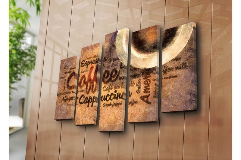 Stort lerretsbilde i 5 deler 105x70 cm - Kaffeinspirert kunstverk med tekst og kaffekopper - Brun / Beige / Svart - Innredning - Bilder & kunst - Lerretsbilder