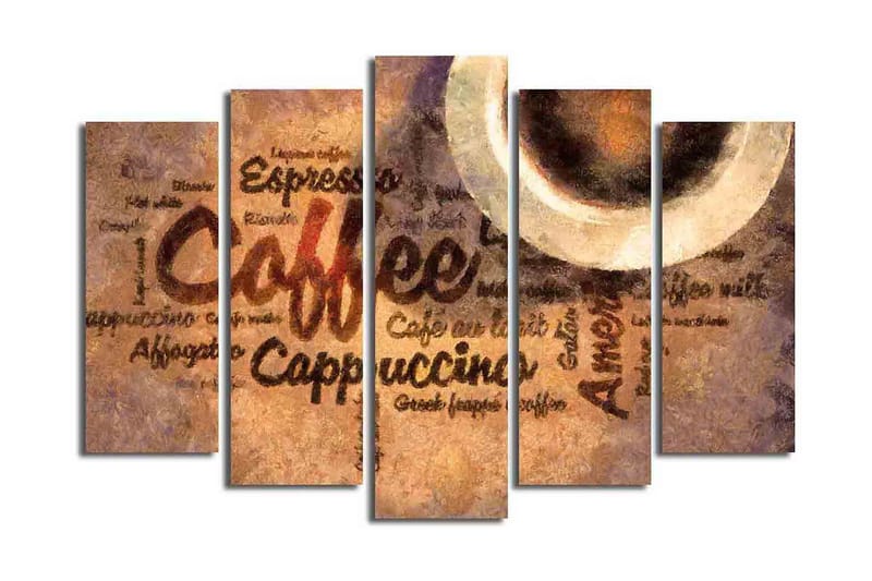 Stort lerretsbilde i 5 deler 105x70 cm - Kaffeinspirert kunstverk med tekst og kaffekopper - Brun / Beige / Svart - Innredning - Bilder & kunst - Lerretsbilder