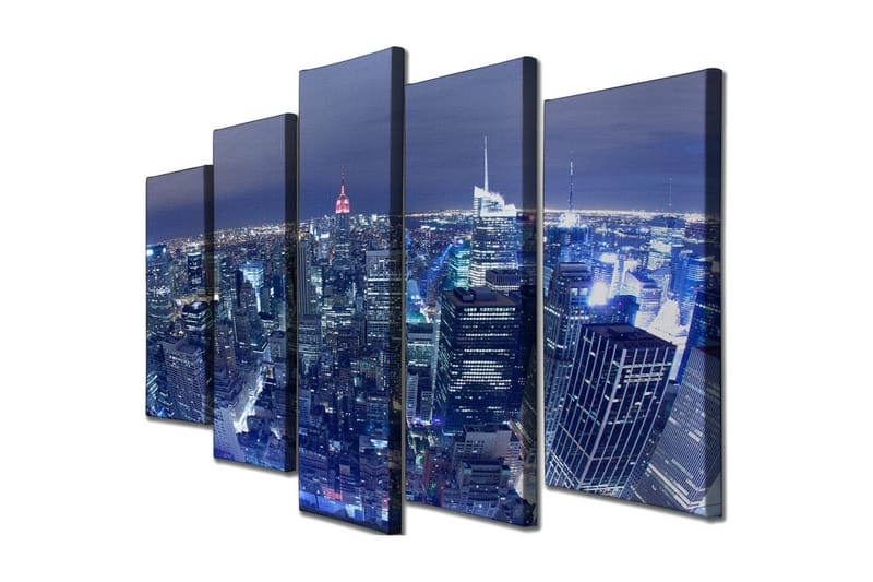 Stort lerretsbilde i 5 deler 105x70 cm - Nattlig bysilhuett med glitrende skyskrapere - Mørk blå / Lys blå / Rød - Innredning - Bilder & kunst - Lerretsbilder