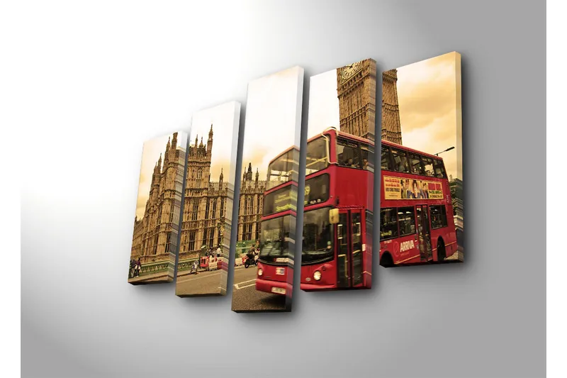 Stort lerretsbilde i 5 deler 105x70 cm - Rød dobbeltdekkerbuss foran Big Ben og det britiske parlamentet - Rød / Beige / Brun - Innredning - Bilder & kunst - Lerretsbilder
