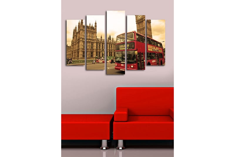 Stort lerretsbilde i 5 deler 105x70 cm - Rød dobbeltdekkerbuss foran Big Ben og det britiske parlamentet - Rød / Beige / Brun - Innredning - Bilder & kunst - Lerretsbilder