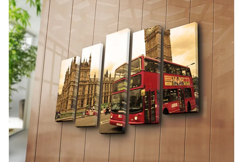 Stort lerretsbilde i 5 deler 105x70 cm - Rød dobbeltdekkerbuss foran Big Ben og det britiske parlamentet - Rød / Beige / Brun - Innredning - Bilder & kunst - Lerretsbilder