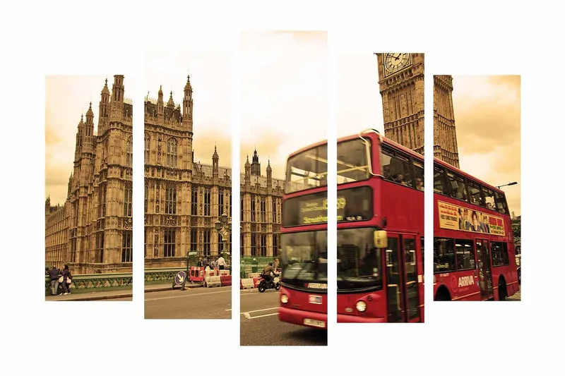 Stort lerretsbilde i 5 deler 105x70 cm - Rød dobbeltdekkerbuss foran Big Ben og det britiske parlamentet - Rød / Beige / Brun - Innredning - Bilder & kunst - Lerretsbilder