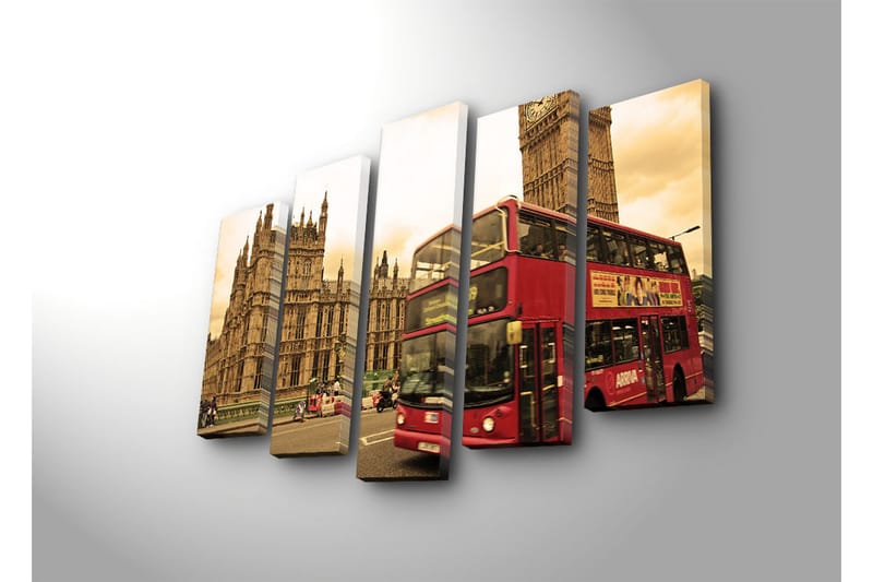 Stort lerretsbilde i 5 deler 105x70 cm - Rød dobbeltdekkerbuss foran Big Ben og det britiske parlamentet - Rød / Beige / Brun - Innredning - Bilder & kunst - Lerretsbilder