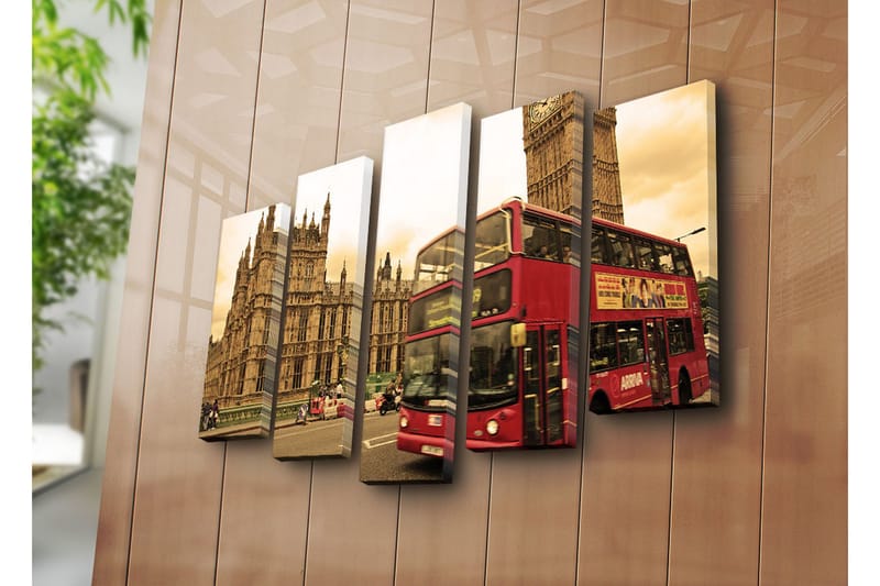 Stort lerretsbilde i 5 deler 105x70 cm - Rød dobbeltdekkerbuss foran Big Ben og det britiske parlamentet - Rød / Beige / Brun - Innredning - Bilder & kunst - Lerretsbilder