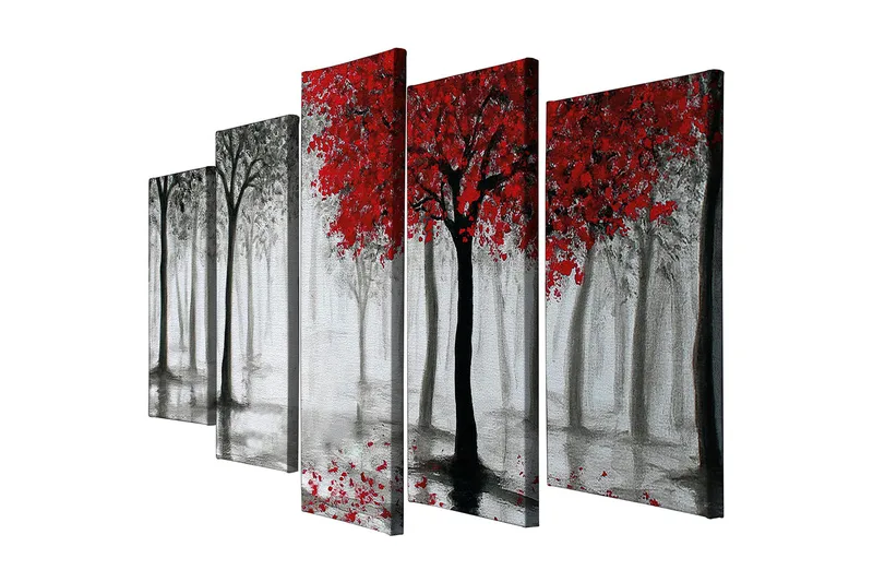 Stort lerretsbilde i 5 deler 105x70 cm - Rødskiftende trær i et tåkete skogsmiljø, Rød / Svart / Grå