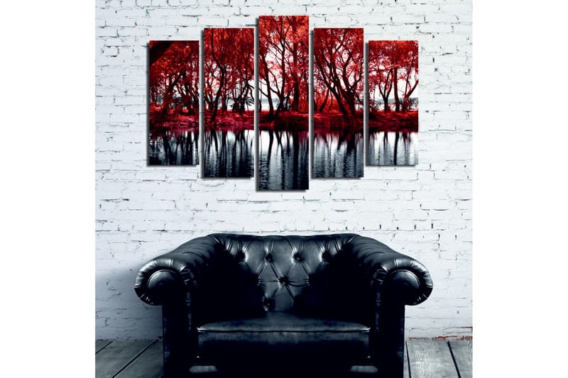 Stort lerretsbilde i 5 deler 105x70 cm - Rødskiftende trær ved en speilblank innsjø - Rød / Svart - Innredning - Bilder & kunst - Lerretsbilder