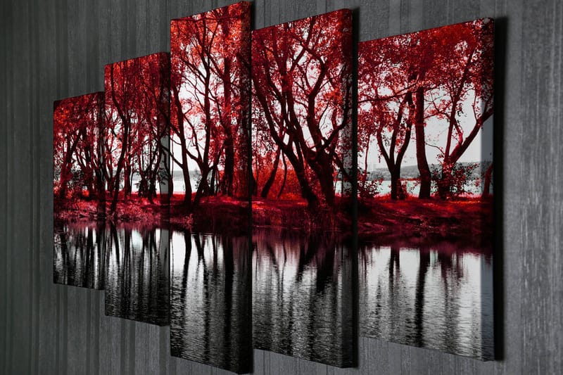 Stort lerretsbilde i 5 deler 105x70 cm - Rødskiftende trær ved en speilblank innsjø - Rød / Svart - Innredning - Bilder & kunst - Lerretsbilder
